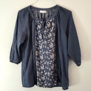 Kim Rogers Peasant Neckline 3/4 Sleeve Embroidered Appliqued Poet Blouse Blue 1X